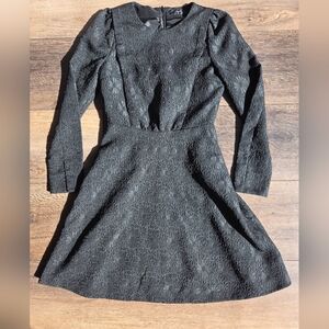 ROEM Textured Floral Pattern Black Long Sleeve A Line Dress